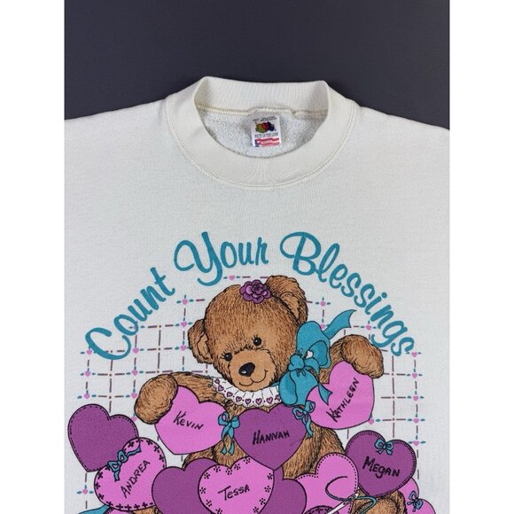 Rare Vintage 90s Granda Sweater Count Your Blessings Bear Heart FOTL Large Art - Picture 3 of 11